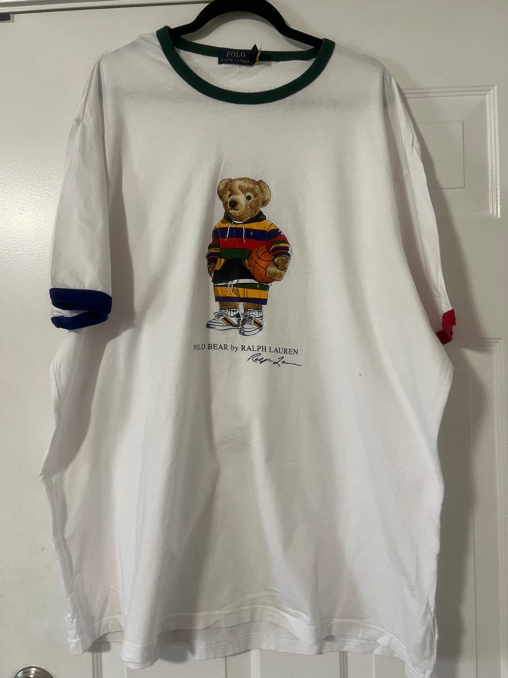 Ralph Lauren White Tee with Multi-Color Striped Polo Bear